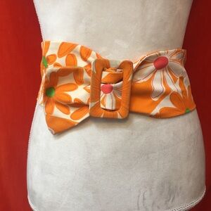 70s vintage floral fabric wide belt orange cotton size m